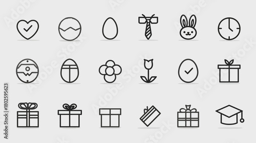 Easter, Spring Holiday & Celebration Line Icons Set. Vector outline collection for gifts, eggs, bunny, ties, flowers and special occasions.