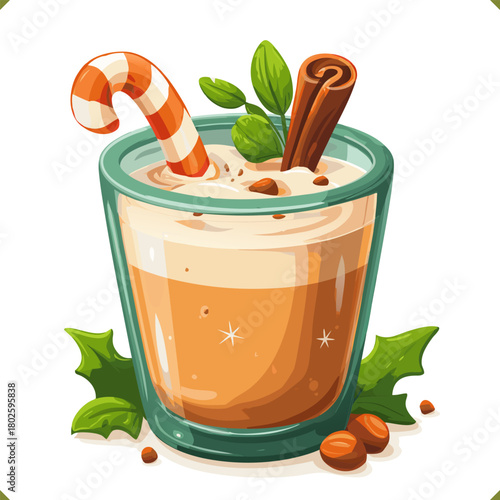Vector illustration of a glass of eggnog with cinnamon stick, nutmeg, spices, isolated on a white background. Vector illustration of winter beverage on white background