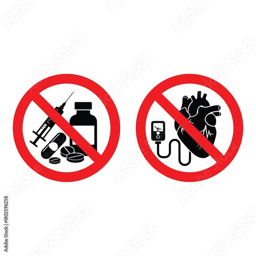 No drugs and no organ transplant icons on white background