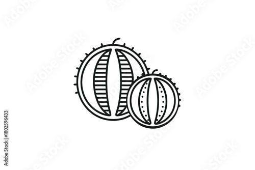 Two black outline durian fruits with a spiky exterior and segments are visible