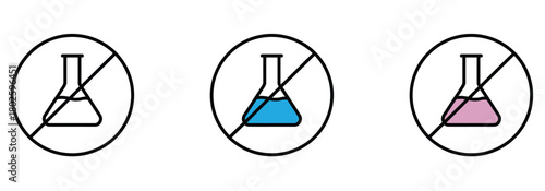 Chemical free icons for safe science and eco friendly practices, no toxic waste, laboratory safety, environmental awareness, colorful beakers with line