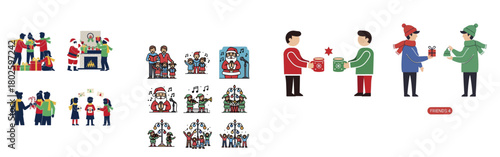 People exchanging gifts and celebrating various events.