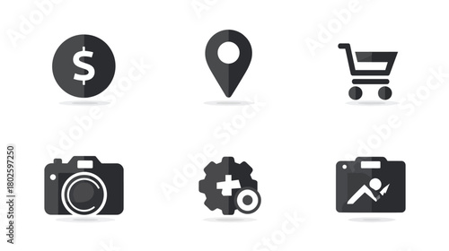 Modern flat design icons for business, web, and app UI. Includes money, location, shopping cart, camera, settings, and portfolio symbols.