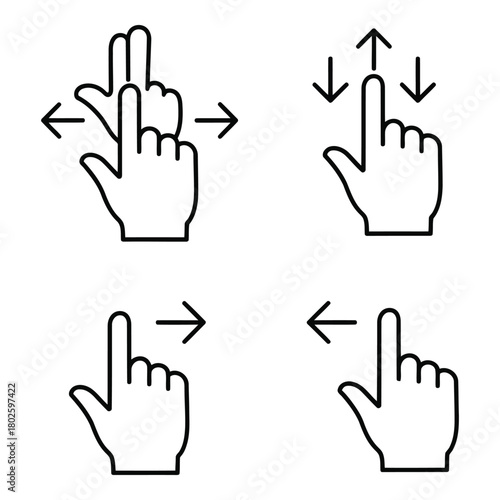 Set of four hand gesture icons for touchscreen interface control, line art