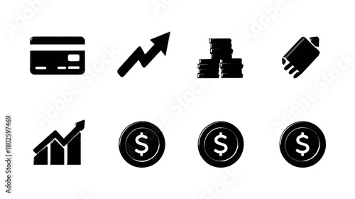 Finance and Business Icons Set - Money, Credit Card, Growth Chart, and Dollar Coins for Banking and Investment Concepts