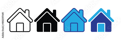 Collection of house icons in black, white, and blue variations, representing residential real estate, homeownership, and property search on isolated white background.