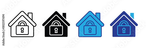 House icon with a padlock in the center, symbolizing home security, safety, and protection. includes outline, solid black, blue, and dark blue versions.