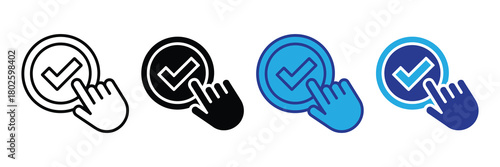 Collection of stylized icons representing a finger clicking a checkmark within a circle, signifying approval, confirmation, selection, and completion.