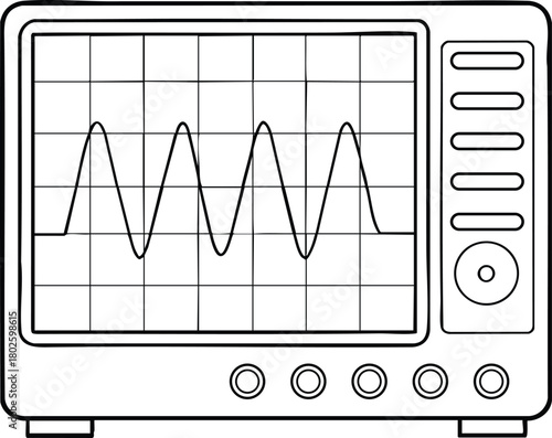 Electronic oscilloscope device line art illustration displaying waveform grid for science and technology education