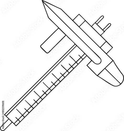 Caliper measuring tool line art illustration for engineering precision, mechanical design, and technical education