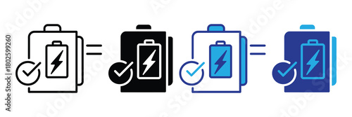 Icon set illustrating battery charging progress and status with checkmarks and electricity symbols, presented in multiple styles and colors.