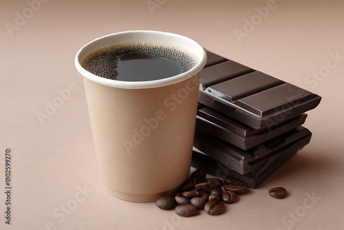 Coffee to go with stack of chocolate and beans