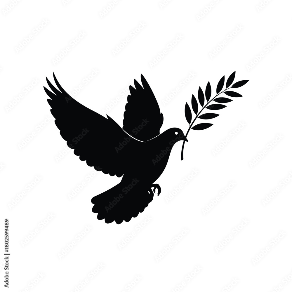 Fototapeta premium Black silhouette of a dove carrying an olive branch silhouette