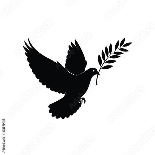 Black silhouette of a dove carrying an olive branch silhouette