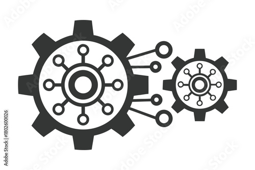 Two interconnected gears featuring network nodes show integrated technological advancement for modern applications