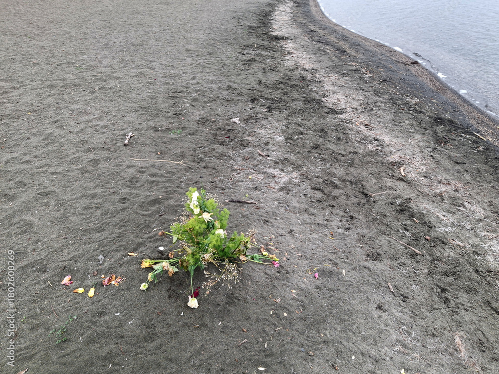 Φωτογραφία melancholic and lonely bunch of flowers abandoned on the shore of the winter lak