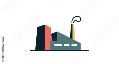 A minimalist flat design icon of an industrial factory building with a smokestack emitting smoke on a white background.