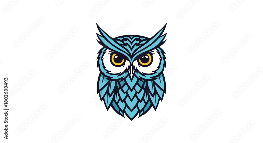 Fototapeta premium A stylized illustration of a blue owl with sharp yellow eyes and detailed feathers.