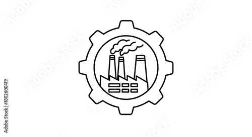 A black and white line art icon of a factory with smokestacks emitting smoke, all enclosed within a gear.