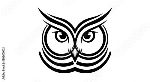 A striking black and white graphic illustration of an owl's face with intense eyes and detailed feather patterns.