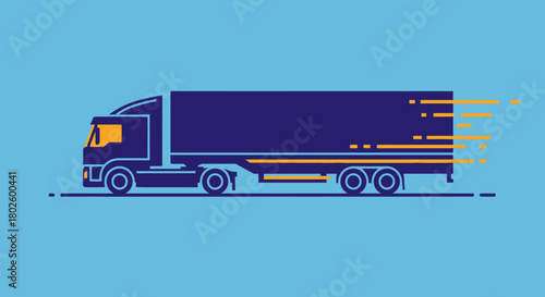 An illustration of a fast-moving semi-truck with a dark blue trailer and yellow accents on a light blue background, depicting rapid transport and logistics.