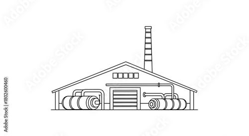 Line art illustration of an industrial building with a chimney and large tanks inside, depicting a factory or plant.