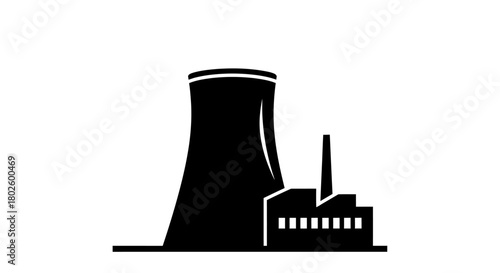 Black and white illustration of a nuclear power plant with a cooling tower and a building.