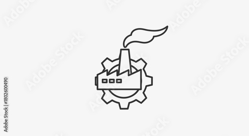 Minimalist line art icon of a factory with a smokestack inside a large gear, representing industry.