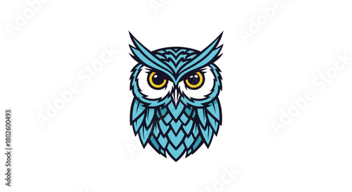 A stylized illustration of a blue owl with sharp yellow eyes and detailed feathers.
