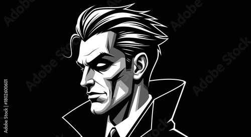 A striking black and white illustration of a stern-faced man with slicked-back hair, in a coat.