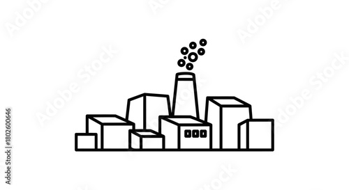 Illustration of a factory emitting smoke into the air, surrounded by buildings.