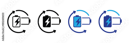 Set of battery charging icons with circular arrows indicating recharge, power, energy, and renewable cycles. includes black and blue variations.