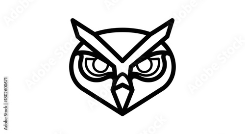 A bold, black and white line art illustration of a stylized, geometric owl face on a white background.