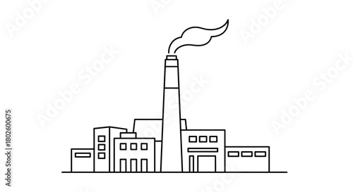 A simple line drawing of an industrial factory with a tall smokestack emitting smoke.