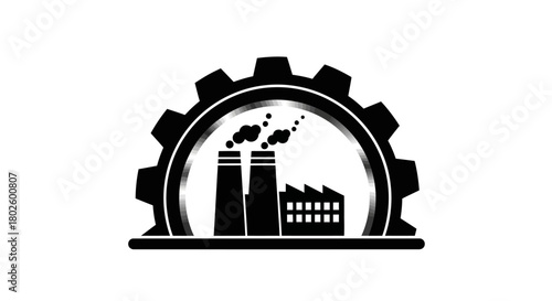 Black and white vector icon depicting an industrial factory with smoking chimneys enclosed within a large cogwheel, symbolizing manufacturing and production processes.