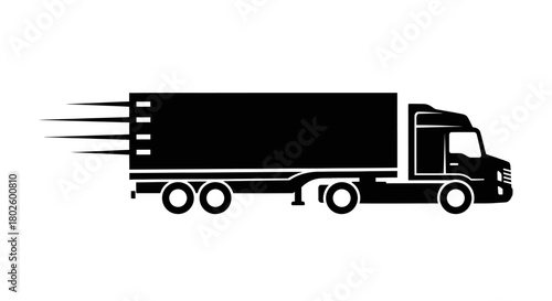 Black and white illustration of a semi-truck in motion, indicating speed and delivery.