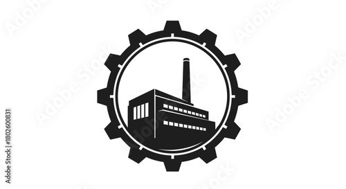 Black and white industrial logo featuring a factory building with a smokestack inside a gear.