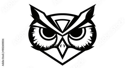 A striking black and white graphic illustration of an owl's face with sharp, angular features.