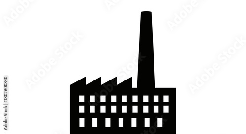 Black and white factory icon with a tall chimney and sawtooth roof, representing industry and manufacturing.