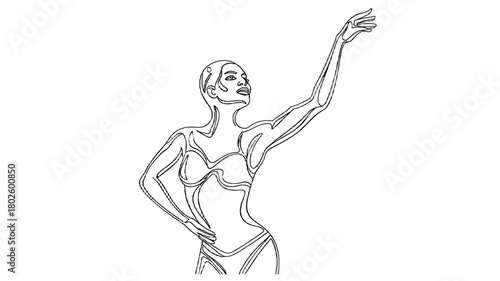 An elegant drawing of a graceful woman with her arm raised up.