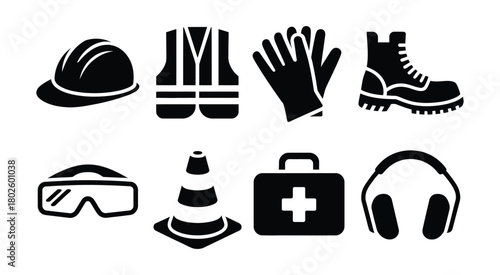 construction safety silhouette icons set featuring essential protective gear and equipment symbols, including helmets, vests, gloves, boots, and tools, ideal for safety manuals, industrial signage, 