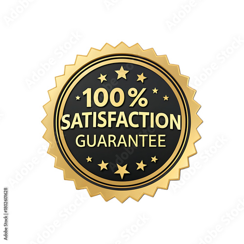 A golden seal with stars and one hundred percent satisfaction guarantee text inside it
