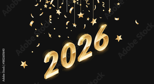 Golden 2026 celebration with falling stars and confetti on black background