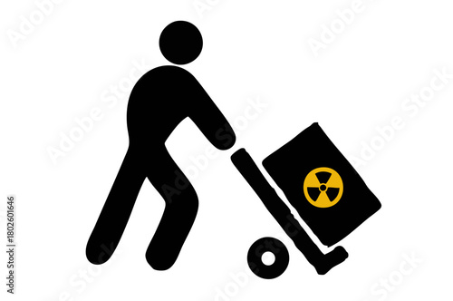 Minimal black silhouette of worker pushing trolley with radioactive waste symbol representing danger safety and hazardous material transport.