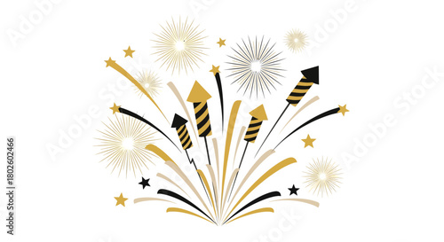 Festive fireworks display with gold and black rockets and stars