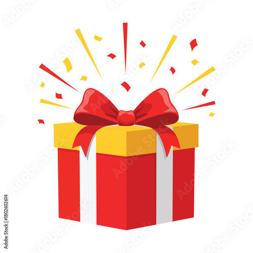 Red and yellow gift box with red ribbon and confetti