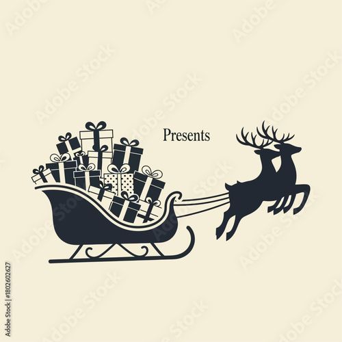 Silhouette of Santas sleigh with reindeer and presents for Christmas.