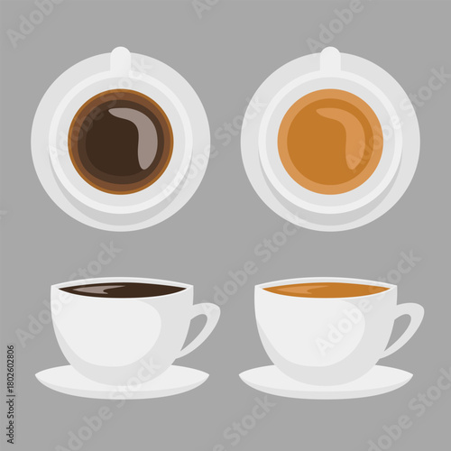 Cup of coffee. Black coffee and cappuccino. Vector flat clip art isolated on white background.
