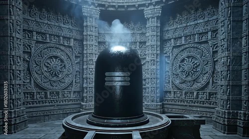 Black polished Shiva Linga glowing under bluish ambient light inside a grand mandala-carved temple chamber