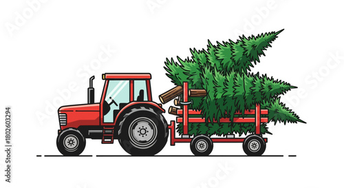 Christmas tree farm tractor hauling fresh pines on a red trailer in a cartoon style